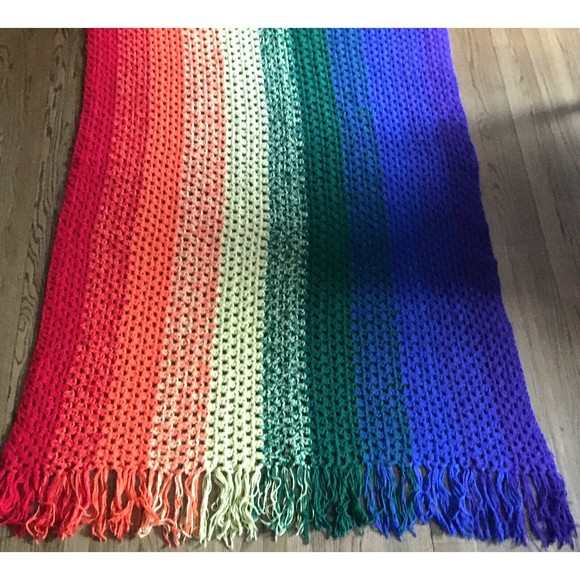 Handmade Crochet Rainbow Afghan Blanket Throw Fringe Edge 54W x 84L - Picture 4 of 12